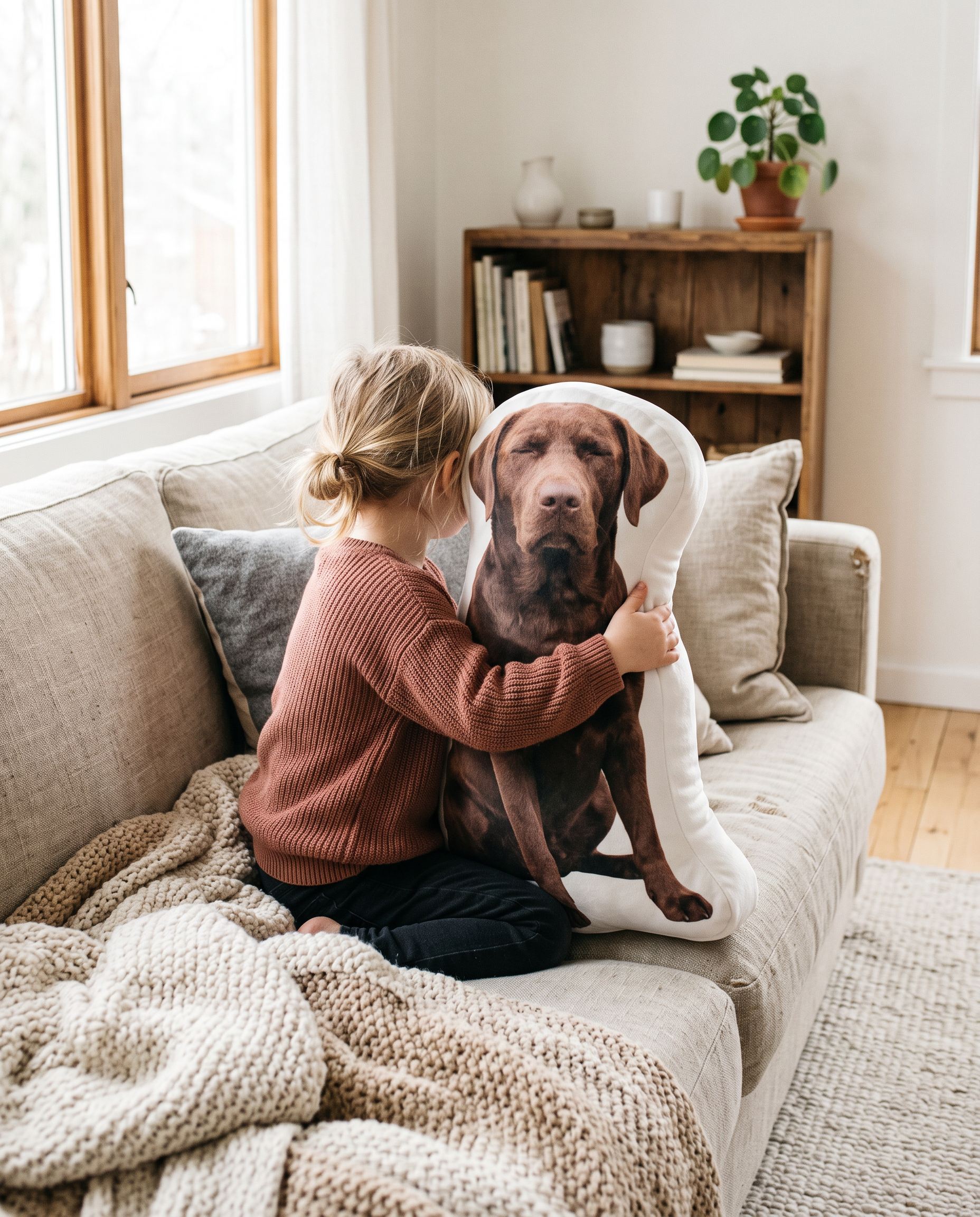 Ett barn kramar en hundformad kudde i en ljus soffa