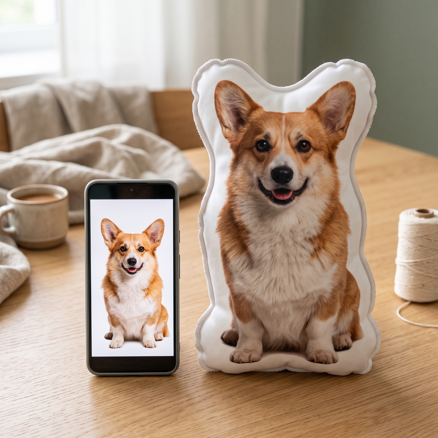 Mobil med foto på en corgi bredvid den färdiga kudden av samma hund