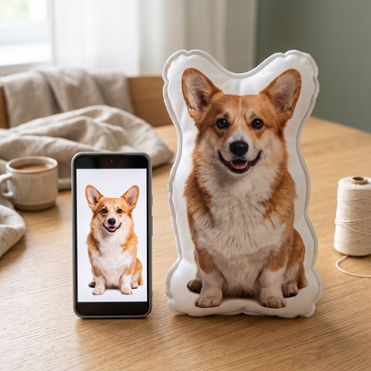 Mobil med foto på en corgi bredvid den färdiga kudden av samma hund