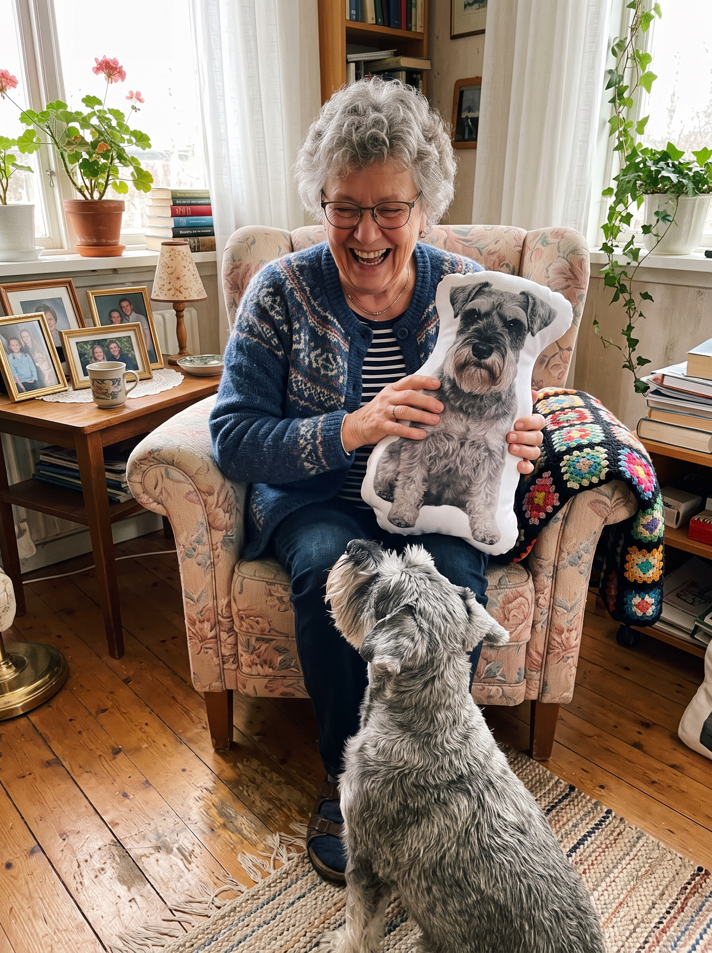 Äldre kvinna i fåtölj skrattar med kudden av sin schnauzer, hunden vid fötterna