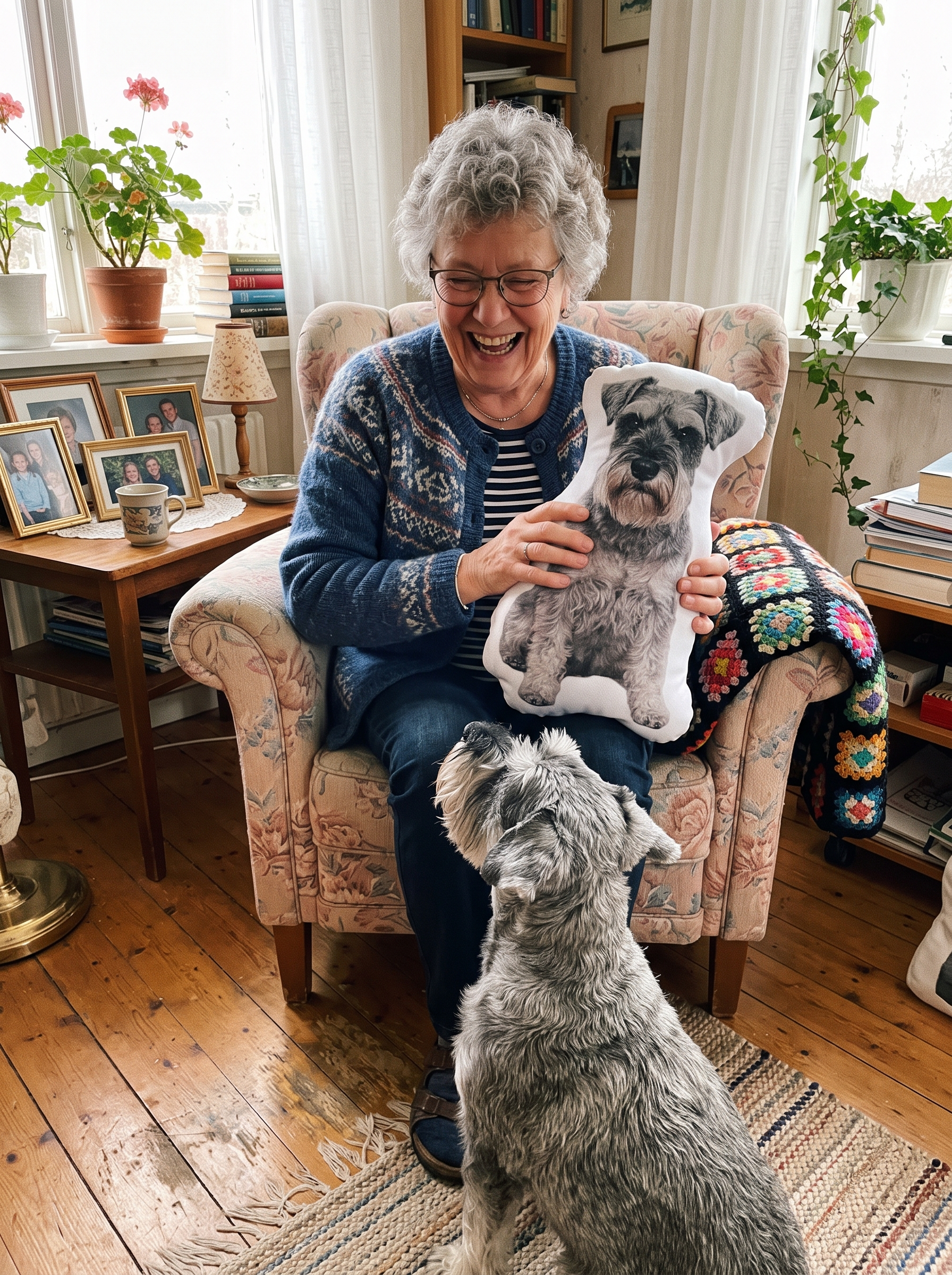 Äldre kvinna i fåtölj skrattar med kudden av sin schnauzer, hunden vid fötterna